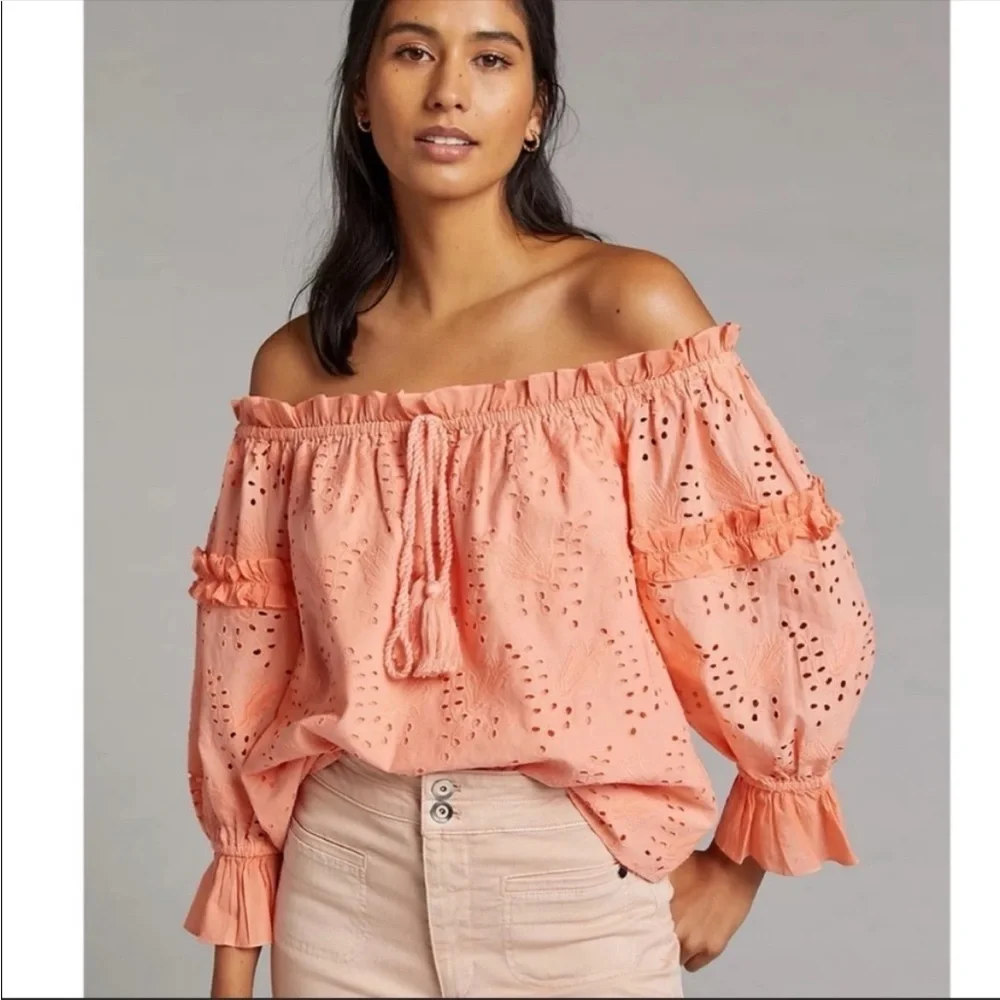 Anthropologie Peach Eyelet Lace Off Shoulder Blouse Size 4 Boho Top NWT